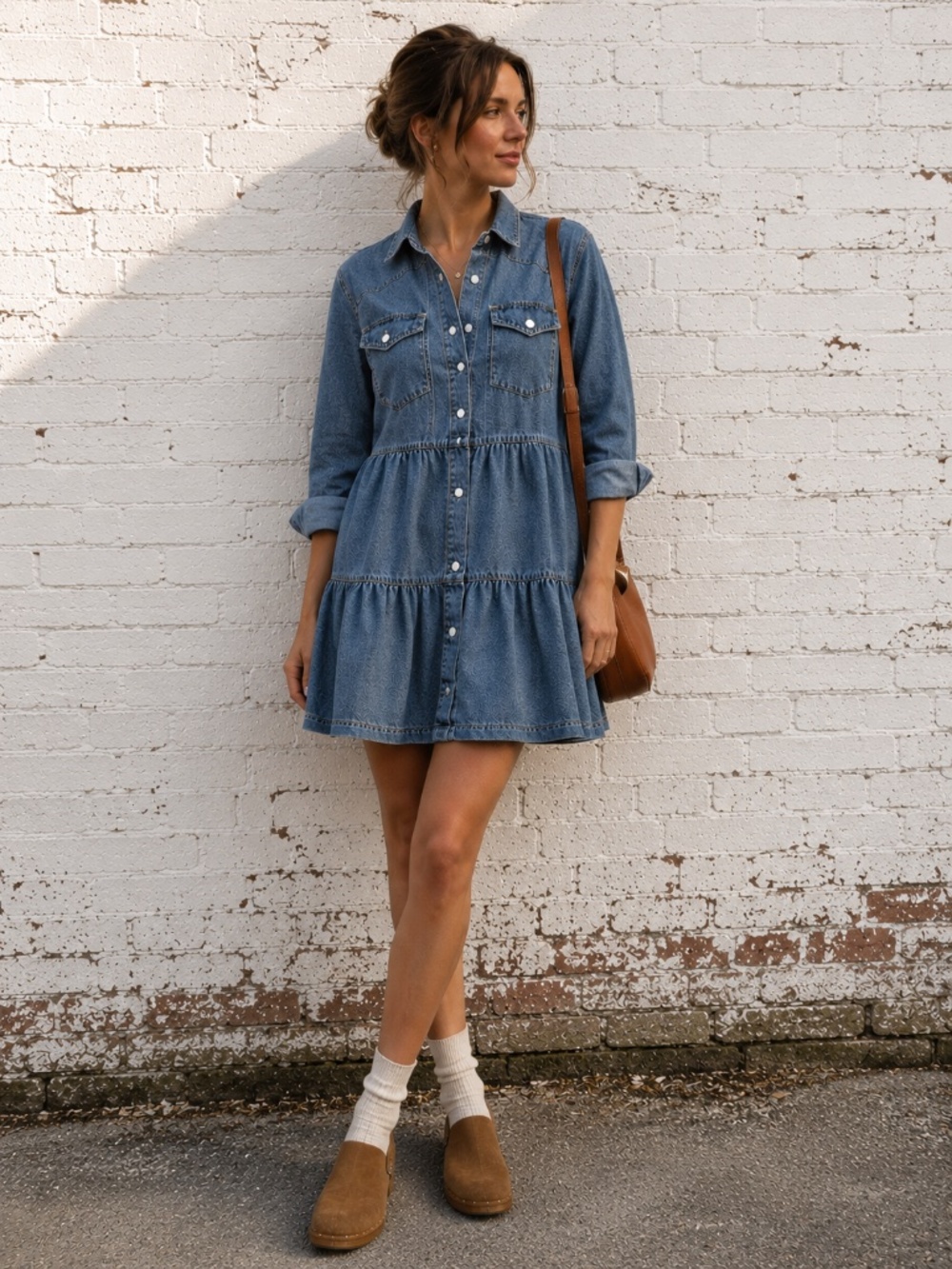 Denim Tiered Shirt Dress | Scandi Barn Chic Button-Front Mini Long Sleeve SZ M